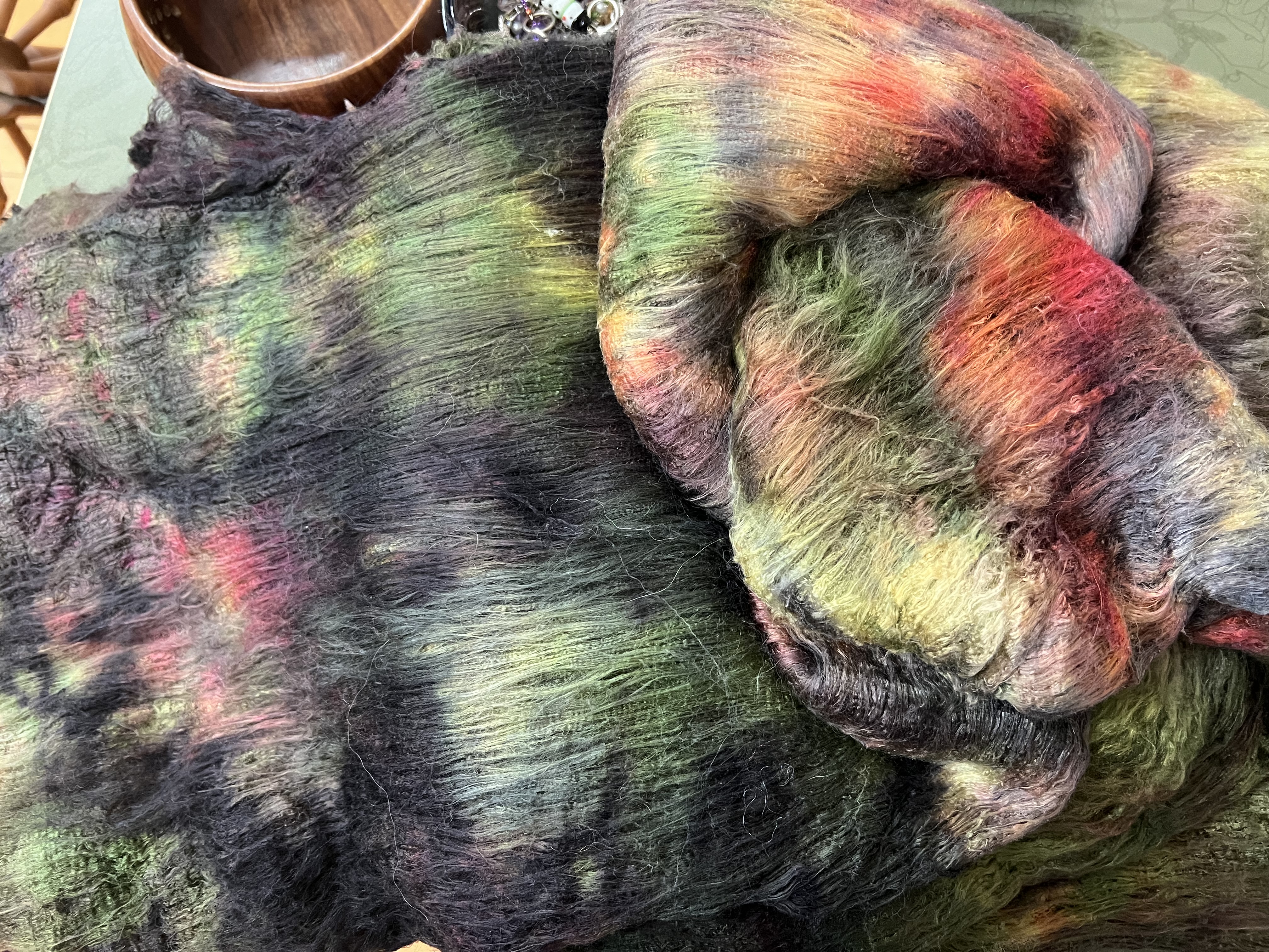 Bewitching Fibers Hand-Painted Mulberry Silk Lap per Ounce - Greens